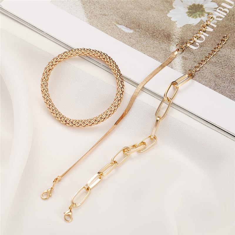 Alegend Titanium Steel (Not Rust, Resist Corruption, Easily Clean) 18K Gold Plated Single Bracelets + 14K Gold Plated Stackable Multilayer Bracelets - style: 14KGold + 3PCS