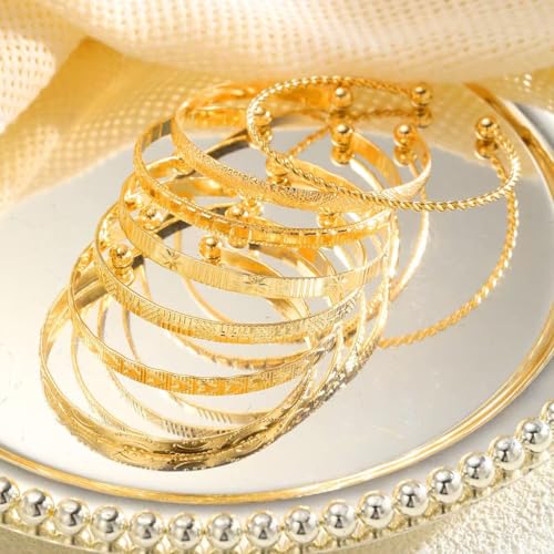 Gold Bracelet for Women - Multi-layer Stacked textured Boho Bracelet, Gold bracelet for Women, gold plated multi-layer stackable sleeve bracelet jewelry gift - style: Golden flat