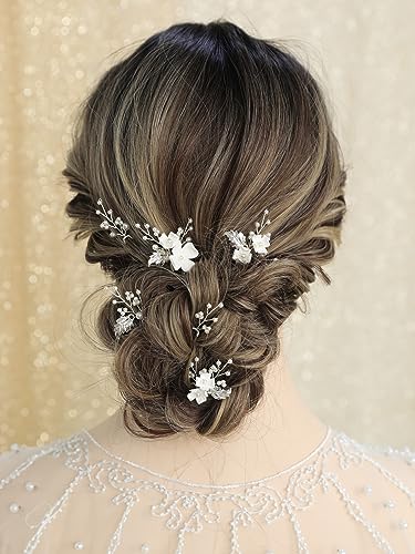 Handmade Pearl Bridal Wedding Hair Pins 6Pcs White Flower Gold Leaf Pearls Clips Bridal Hair Accessories for Women Brides Bridesmaid - color: Silver / Pearl White Flower