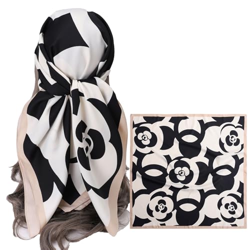 Women's Square Silk Like Head Scarf Large 35 inch Silk Feeling Hair Wrapping Satin Scarves for Sleeping Bandanas - color: A004-1 Twill Flower Rice White