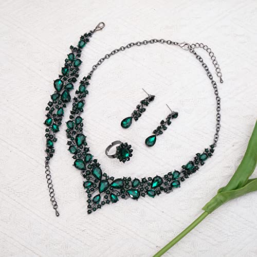 CSY 4 Pcs/Set Austrian Crystal Necklace Earrings Bracelet Ring Bridal Jewelry Sets for Brides Wedding Party Costume Accessories Gifts for Women - color: emerald--black tone