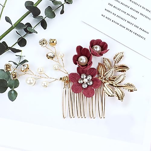 inSowni 20 Pack Classic White Dusty Pink Blue Flower Bridal Wedding Hair Side Combs+U-shaped Flower Hair Pins+Twist Spiral Pearl Hair Pins Pieces Headpieces Accessories for Brides Bridesmaids Women - color: Wine Red