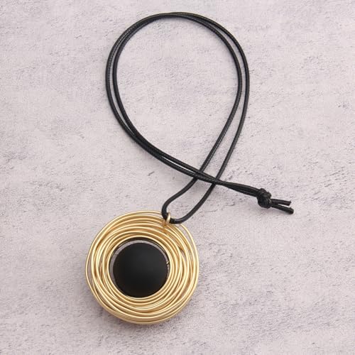 Bohemian Women's Leather Long Pendant Necklace Sweater necklace Adjustable Retro Woven Handmade Jewelry - color: Black round ball
