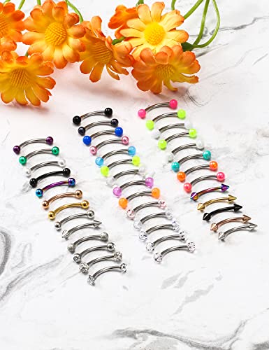 40Pcs 16G Surgical Steel Daith Rook Earring 8mm 10mm Curved Barbell Eyebrow Rings Belly Button Ring Piercing Jewelry for Women Men