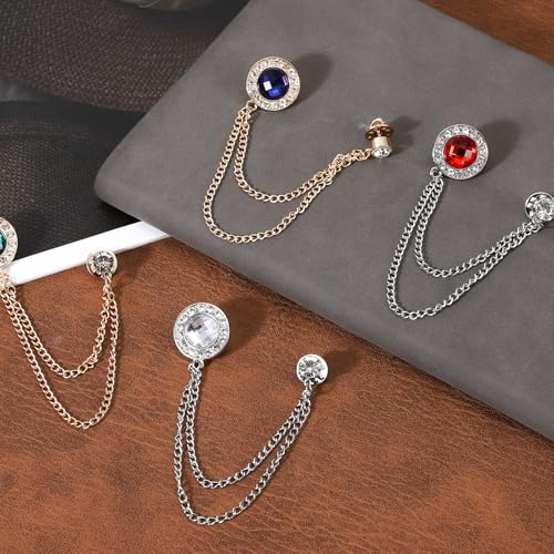 PATIKIL Gem Chain Brooch Pins, Hanging Chain Brooch Suit Pin Tassel Chain Round Crystal Badge Lapel Collar Pins for Men Shirts - color: Gold Tone(Blue)