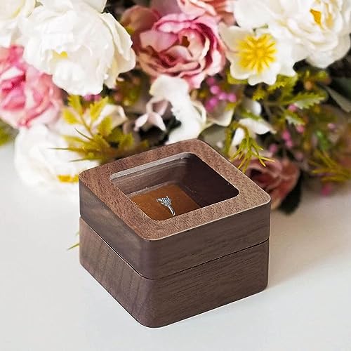 Wooden Ring box，Clear Skylight Ring Case,Solid Wood Square Jewelry Storage Box-ring bearer pillow for Wedding Ceremony, Engagement(Brown velvet) - color: Transparent skylight - 1 slot - Brown velvet