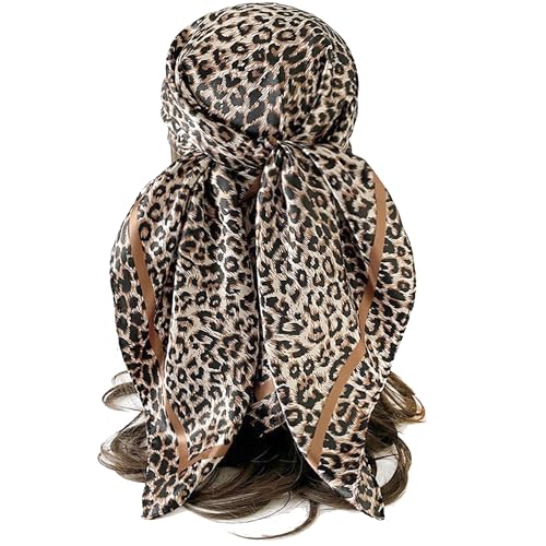 UTOWO Vintage Leopard Print Square Scarf, Light Khaki Satin Silk Feeling Bandana, Women’s Stylish Neck & Head Scarf