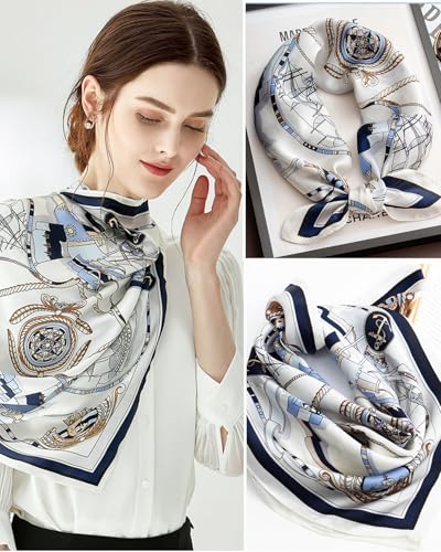 Saiusloa Neck Scarf For Womens Silky Head Scarves Hair Bandanas Square Scarf Fashion Accessories lightweight - color: 17-blue and White Sailing
