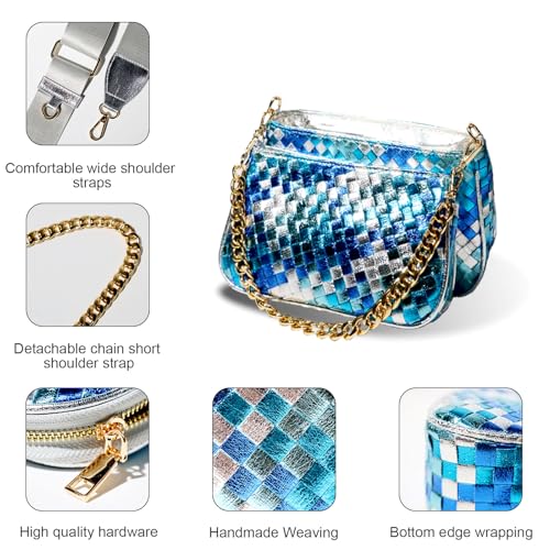 Handmade Woven Small Crossbody Bag for Women with Coin Purse, Designer Shoulder Handbag 3pcs Set, Mini Tote Clutch - color: Navy Multicolor