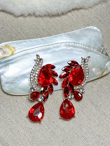 Women Jewelry Set Rhinestone Crystal Bride Statement Choker Necklace Teardrop Cluster Dangle Earrings Set for Wedding Prom Party - color: redness