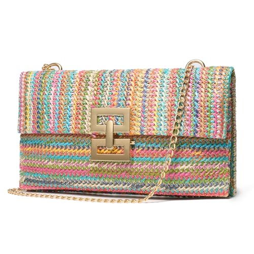 SWEETV CHUNLI Straw Purse Woven Beach Bag Summer Clutch Purse Boho Crossbody Bags for Women Small Raffia Shoulder Bag - color: Rainbow