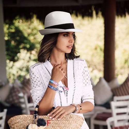 DRESHOW Women Straw Sun Hat Short Brim Panama Travel Fedora Summer Hat Roll Up Beach Cap for Women UPF 50+ - color: 1 Pc Ribbon Straw Hat: White