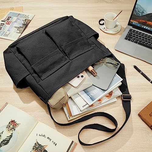 KALIDI Canvas Tote Bag Large Hobo Crossbody Shoulder Handbag Zipper Messenger Bag for Women or Men Casual College Work - color: Upgraded Black