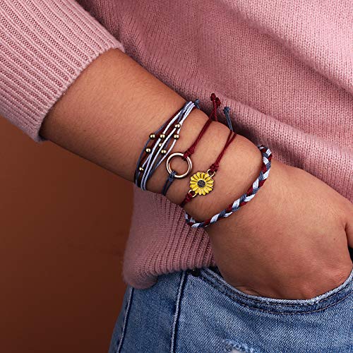 FANCY SHINY Easter Gifts Basket Stuffers Sunflower String Bracelet Boho Braided Rope Wrap Bracelets Cute Summer Beach Surfer Jewelry for Women - color: Triple Color