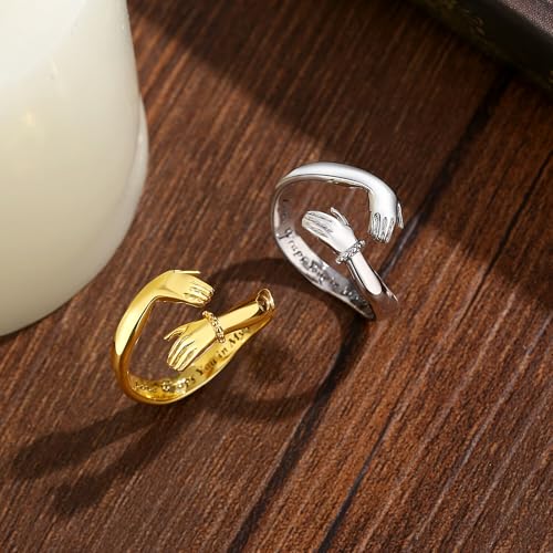 Vito 925 Sterling Silver Adjustable Open Spoon Ring for Women Men, Lotus Sunflower Snake Spoon Band Rings Feather Hug Witches Knot Inspirational Jewelry Gift for Wife - style: hug ring-golden