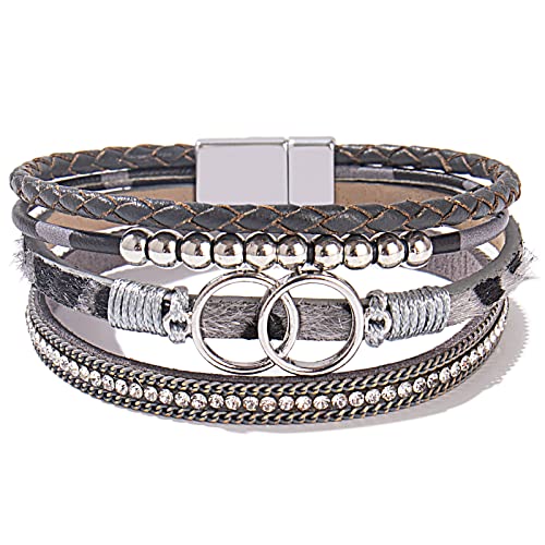FANCY SHINY Boho Leather Wrap Bracelet Stackable Infinity Chunky Cuff Bracelets Western Hippie Outfits Jewelry Valentine Gifts for Women - color: Grey Leopard