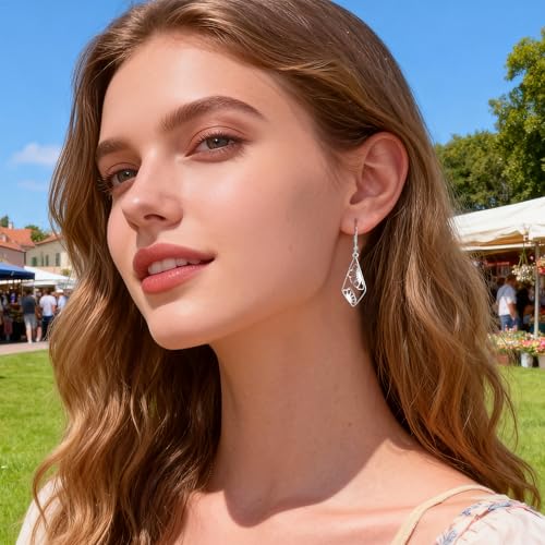 Silver Dangle Earrings Hypoallergenic Filigree Flower Carved Hollow Out Dangle Earrings for Women 14K Gold Plated Geometric Leverback Earring Trendy Silver Drop Earings Jewelry Gifts - color: Silver