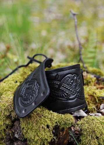 Ulfberth - Pair of Genuine Leather Bracers with Embossed Dragon Motif in Jelling Style - Viking Wristband - color: Black