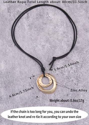 Kelake Leather Necklace for Women Men Teen Vinatge Boho Alloy Pendant Choker Jewelry Fashion Sweater Necklaces with Adjustable Genuine Leather Chain - color: Gold Double Circle Pendant