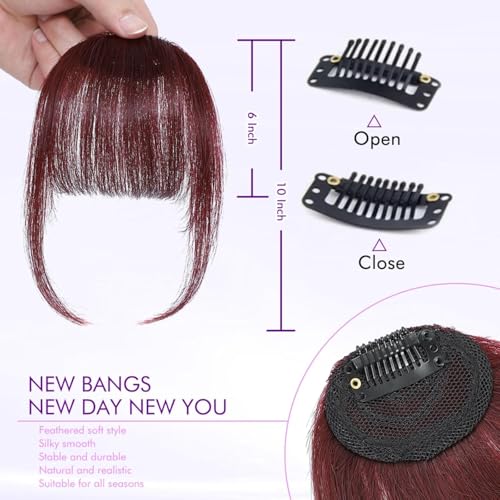 100% Real Human Hair Extensions Wispy Clip in Burgundy Fake Bangs Hair Clip on for women Fringe with Temples Hairpieces Faux Bangs for Daily Wear - color: Wispy-Burgundy-99j, size: Wispy Bangs