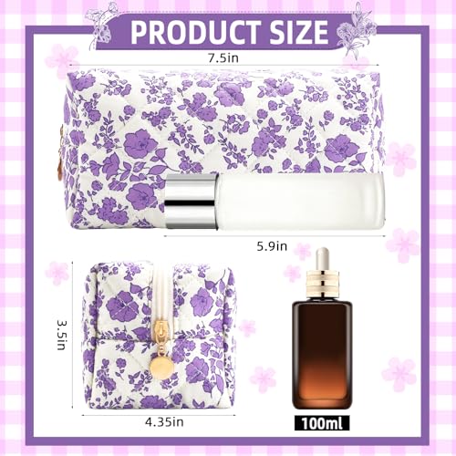 Small Makeup Bag Quilted Cosmetic Bag Floral Travel Toiletry Bags for Women Cute Pencil Case Quilted Makeup Pouch Aesthetic Coquette Cosmetic Pouch Cotton Make Up Bags Cute Zipper Pouches Purple - color: Ad-purple floer