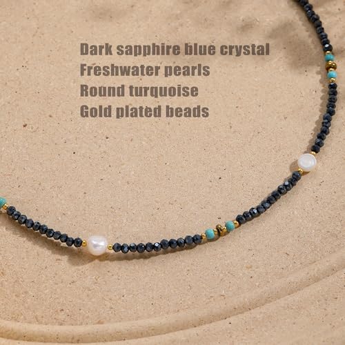 Turquoise Choker Necklace for Women, Western Crystal Bead & Pearl Necklace with Adjustable Chain Natural Stone Energy Jewelry, Boho Beaded Choker for Gifts - color: Turq Beads Pearl