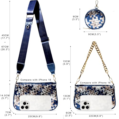 Handmade Woven Small Crossbody Bag for Women with Coin Purse, Designer Shoulder Handbag 3pcs Set, Mini Tote Clutch - color: Blue Multicolor