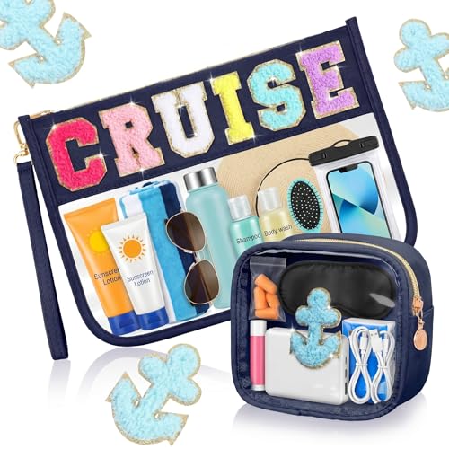 Hillban 2 Pcs Cruise Gifts Chenille Letter Bags Nautical Anchor Makeup Cosmetic Bags Sunscreen Clear Toiletry Travel Pouch Waterproof Purse Sailboat Cruise Survival Kit Portable Storage Organizer - style: Cruise Theme