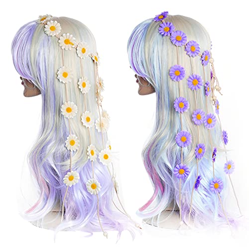 Sucrain 2pcs Flower Hippie Headband Floral Crown Summer Sunflower Hair Accessories for 70 s Bohemian Costumes Style for Women (Beige+Purple) - color: Beige+Purple