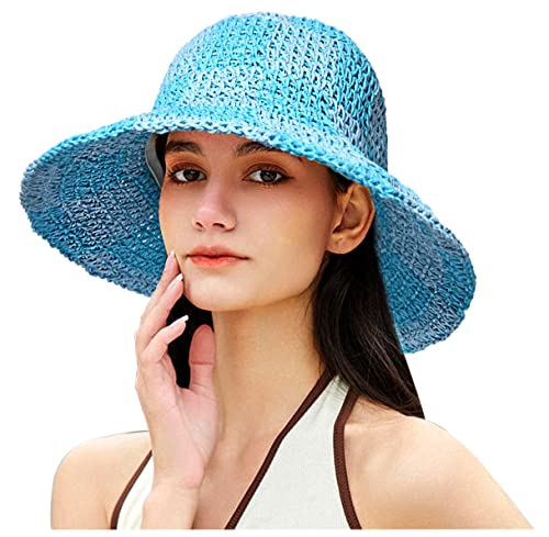 Sun Hats Checkerboard Straw Bucket Hat for Women Packable Crochet Wide Brim Floppy Beach Hats Traveling Summer Accessories - color: Blue