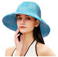 Sun Hats Checkerboard Straw Bucket Hat for Women Packable Crochet Wide Brim Floppy Beach Hats Traveling Summer Accessories - color: Blue