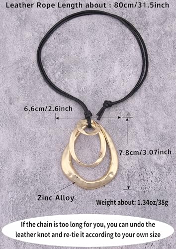 Kelake Leather Necklace for Women Men Teen Vinatge Boho Alloy Pendant Choker Jewelry Fashion Sweater Necklaces with Adjustable Genuine Leather Chain - color: Gold Pear-shaped 3 Circles Pendant