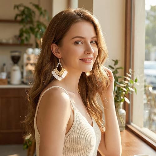 Woven Raffia Rattan Earrings for Women, Boho Flower Hoop & Drop Dangle Earrings Collection, Handmade Summer Beach Vacation Statement Earrings for Party Daily Wear - color: Pearl Lace Drop