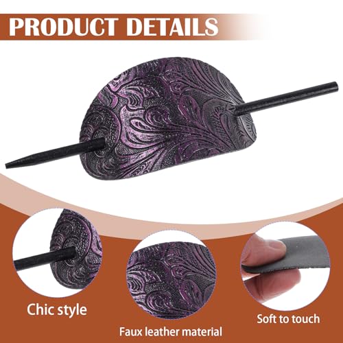 6 Pcs Leather Hair Barrettes with Stick, Hairpin Ponytail Holders Square Shape Hair Accessories Set Handmade Hairs Barrette with Wood Slide Stick for Women