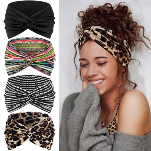 Wide Headbands for Women's Hair, 4 Pcs Hair bands – Vintage Turban Elastic Head Bands Adult Women Soft Head Wraps Knotted for Yoga & Workout – Summer Fashion Hair Accessories(Leopard Brown) - color: Leopard Brown