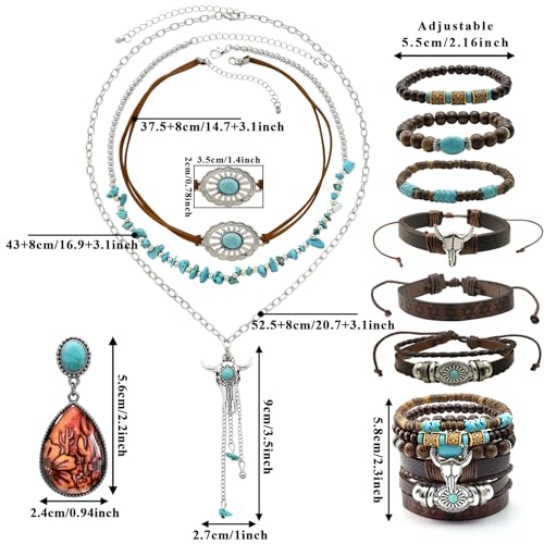 3 Pcs Layered Western Jewelry Set for Women Boho Turquoise Beaded OX-Head Necklaces Western Cactus Cowboy Chic Earrings Rustic Cowgirl Stack Bracelets Country Concert Outfits Accessory - color: OX-Head Tassel