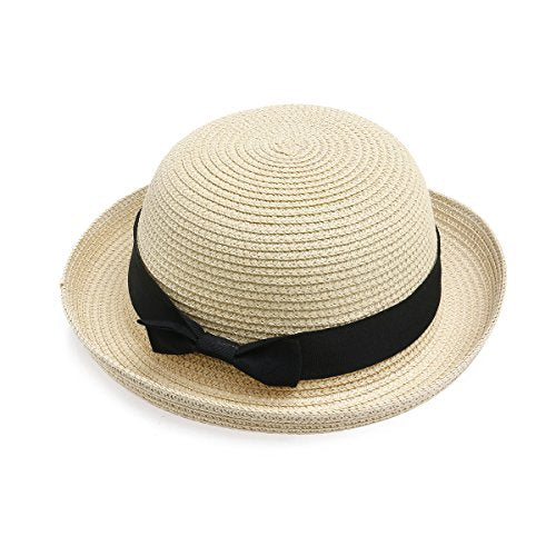 BinaryABC Summer Straw Sun Hat for Women & Kids (Fits Head Circumference 57cm) | Lightweight Bowler Beach Cap for Small Heads,Adjustable & Breathable – Beige