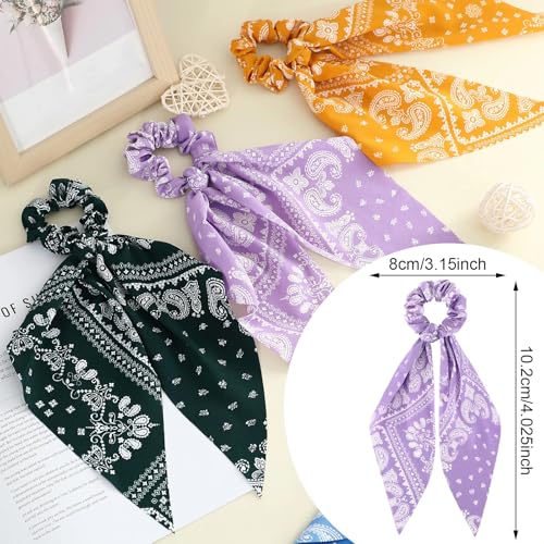 Chuangdi 10 Pcs Hair Scrunchies Hair Scarf with Ribbon Bunny Ears Chiffon Floral Bow Ponytail Holder Boho Elastic Floral Ropes 2 in 1 Vintage Accessories for Women(Paisley) - style: Paisley