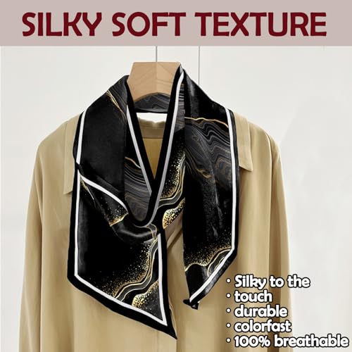 Hair Head Scarf Silk Feeling Long Satin Neck Satin Scarves for Handbag Cute Aesthetic Decoration Women Girls 59 * 6.7” - color: Y10-black Marble