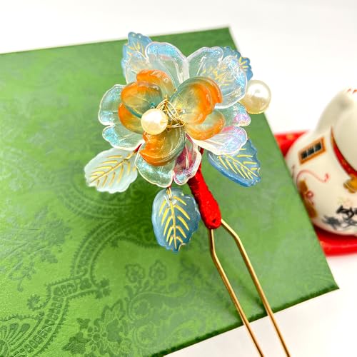 Rosa Orange with Leaves Hairpin Chinese Hanfu and Han Style Hair Retro Flower with Metal Handmade Hair Clip Hair Accessories for Women Girls Long Hair (Rosa Orange) - color: Rosa Orange
