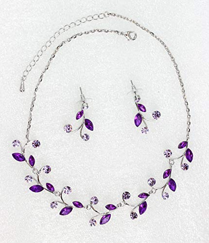 Faship Gorgeous Rhinestone Crystal Floral Necklace Earrings Set - color: Purple/Electric-purple