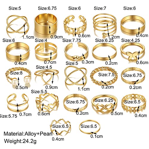Knuckle Stackable Black Rings for Women Black Stacking Ring Set Vintage Boho Ring Set Butterfly Heart Pearl Rhinestone Stackable Statement Rings for Women - color: 22PCS gold 2
