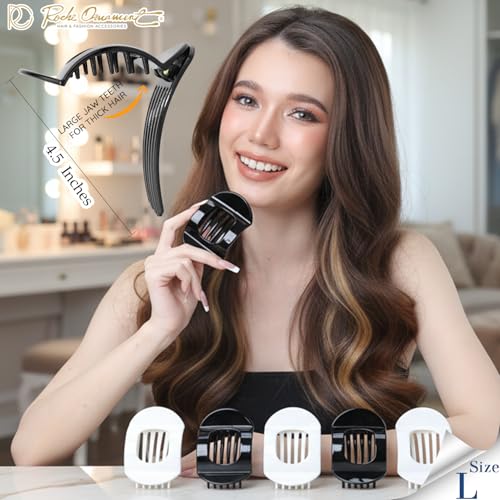 RC ROCHE 6 Pcs Flat Claw Hair Clips for Women Thick Hair French Round Duckbill Square Secure Strong Hold Grip Clamps Barrettes Curved No Slip No Crease Styling Cute Extra Jumbo XL, Large Black & White - color: (Large) Black & White