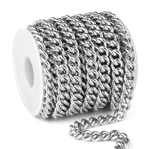 16.5 FT Stainless Steel Curb Chain Roll, 9mm 304 Stainless Steel Flat Twisted Links Curb Chains Bulk Spool for Jewelry Making Necklace DIY Craft - color: Stainless Steel, size: 9.0mm width