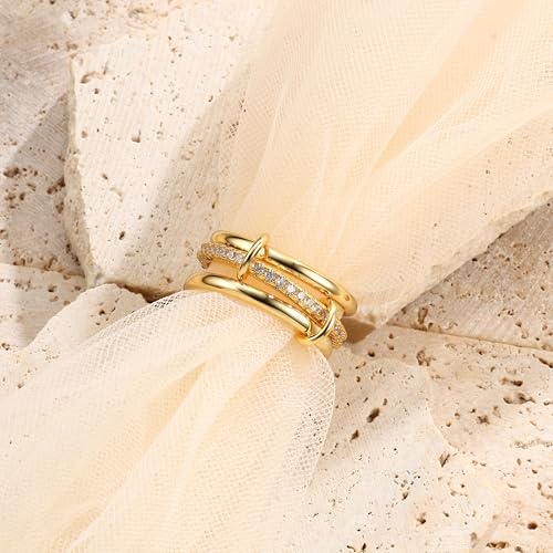 PATISORNA Gold Stackable Rings for Women Non Tarnish 18K Gold Plated Interlocked Stack Rings Set Silver Gold Mixed Metals Multi Ring Statement Thumb Rings Cubic Zirconia Connected Bands Fashion Jewelry Gifts - color: Thin Bands & CZ