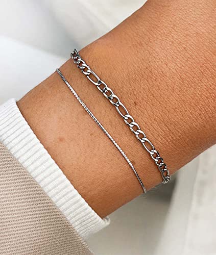 Honsny 6PCS Stainless Steel Bracelets for Women Men,14K Gold Plated Cuban Link Paperclip Chain Bracelet Dainty 6.3/7/7.8/9.5 Inch Stainless Steel Bracelet Set Fashion Jewelry - color: Silver, size: 7 Inches