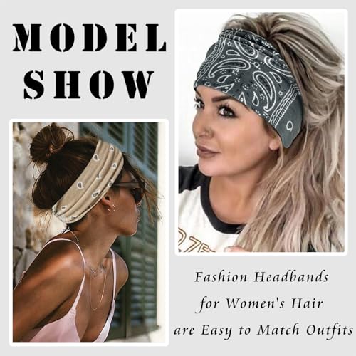 FULZTEY Boho Headbands for Women Vintage Paisley Wide Hairbands Large African Headwrap Elastic Non Slip Workout Sports Head Band Knotted Thick Turban Cotton Bandanas for Hair Accessories 4Pcs - color: Style 118