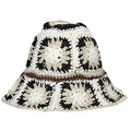 Women Straw Sun Hat Floral Woven Crochet Bucket Hat Y2k Aesthetic Accessories Beach Hat Hand Woven Boho Foldable Cap - color: Black