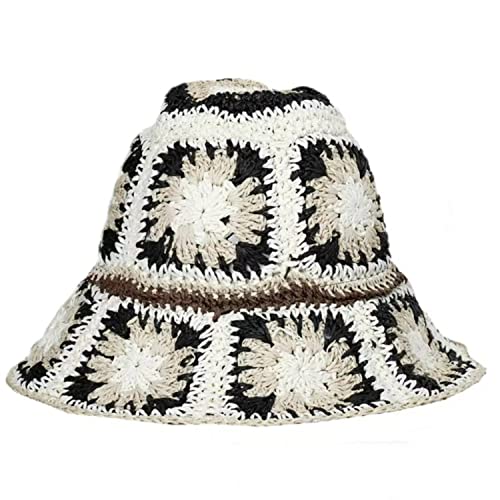 Women Straw Sun Hat Floral Woven Crochet Bucket Hat Y2k Aesthetic Accessories Beach Hat Hand Woven Boho Foldable Cap - color: Black