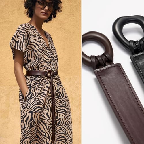 Knotted Waist Belt for Women PU Leather Thin Strap Belt for Dresses - color: Irregular-coffee